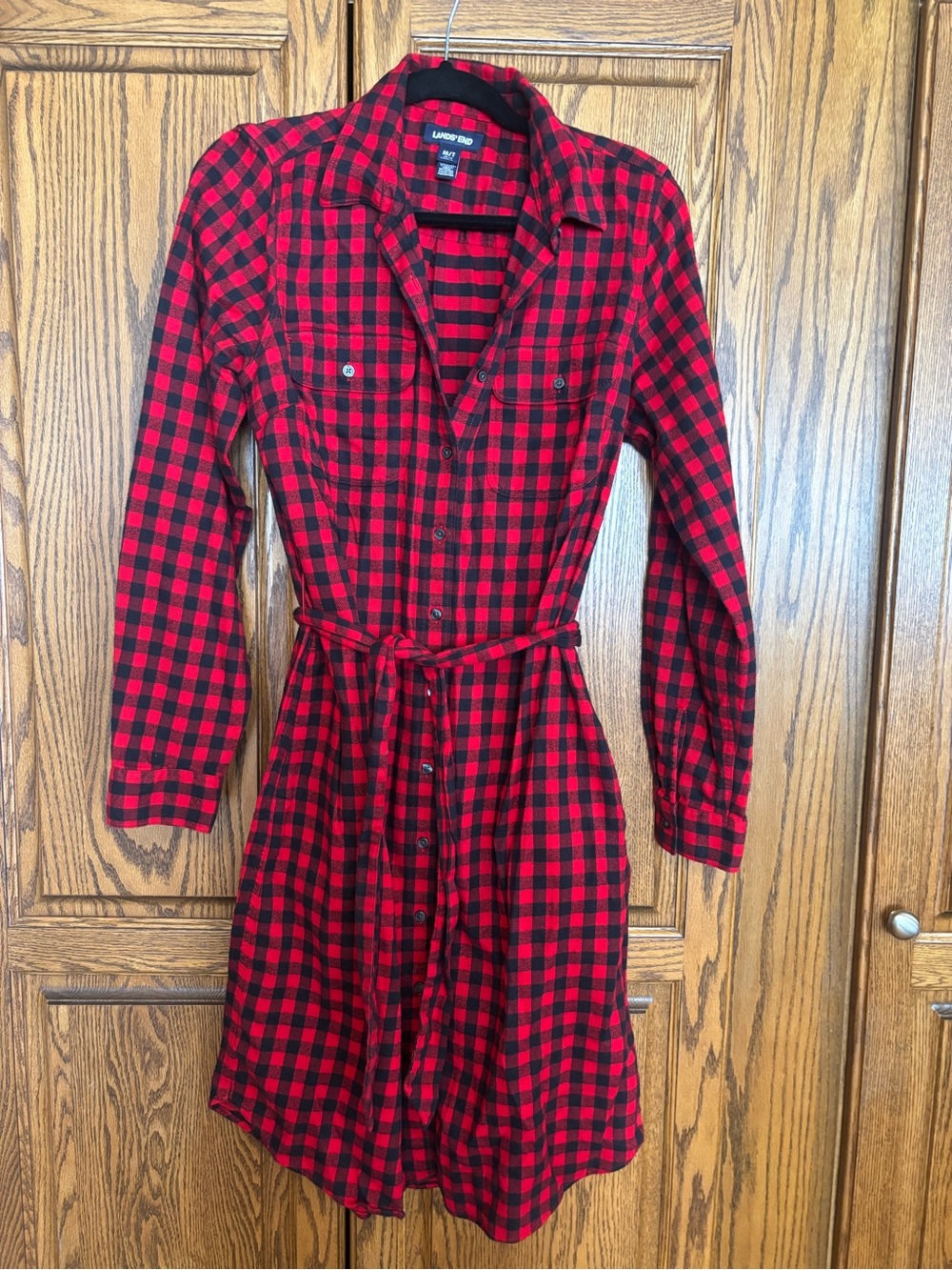 Lands' End Red and Black Buffalo Plaid Tie-Waist Shirt Dress NWOT medium tall